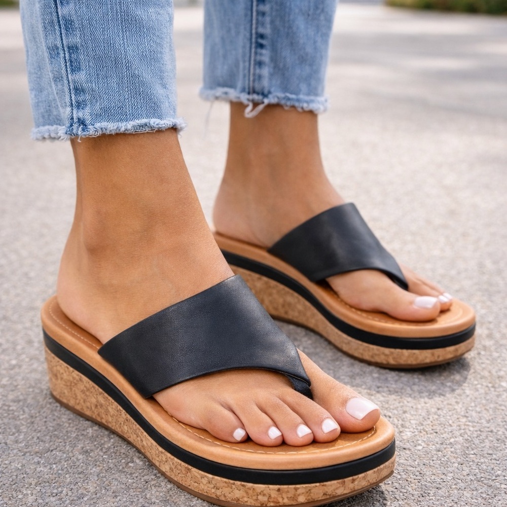 Corso Como Black Leather Platform Cork Thong Sandals 8M